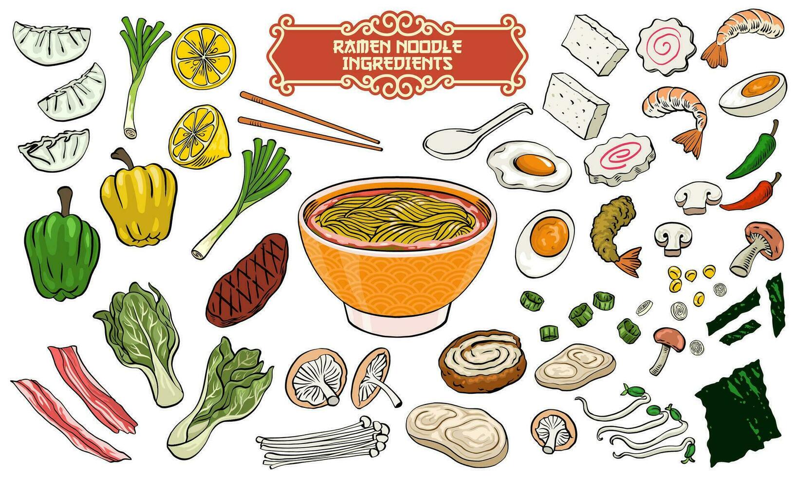 impostato di ramen ingredienti nel mano disegnato stile vettore