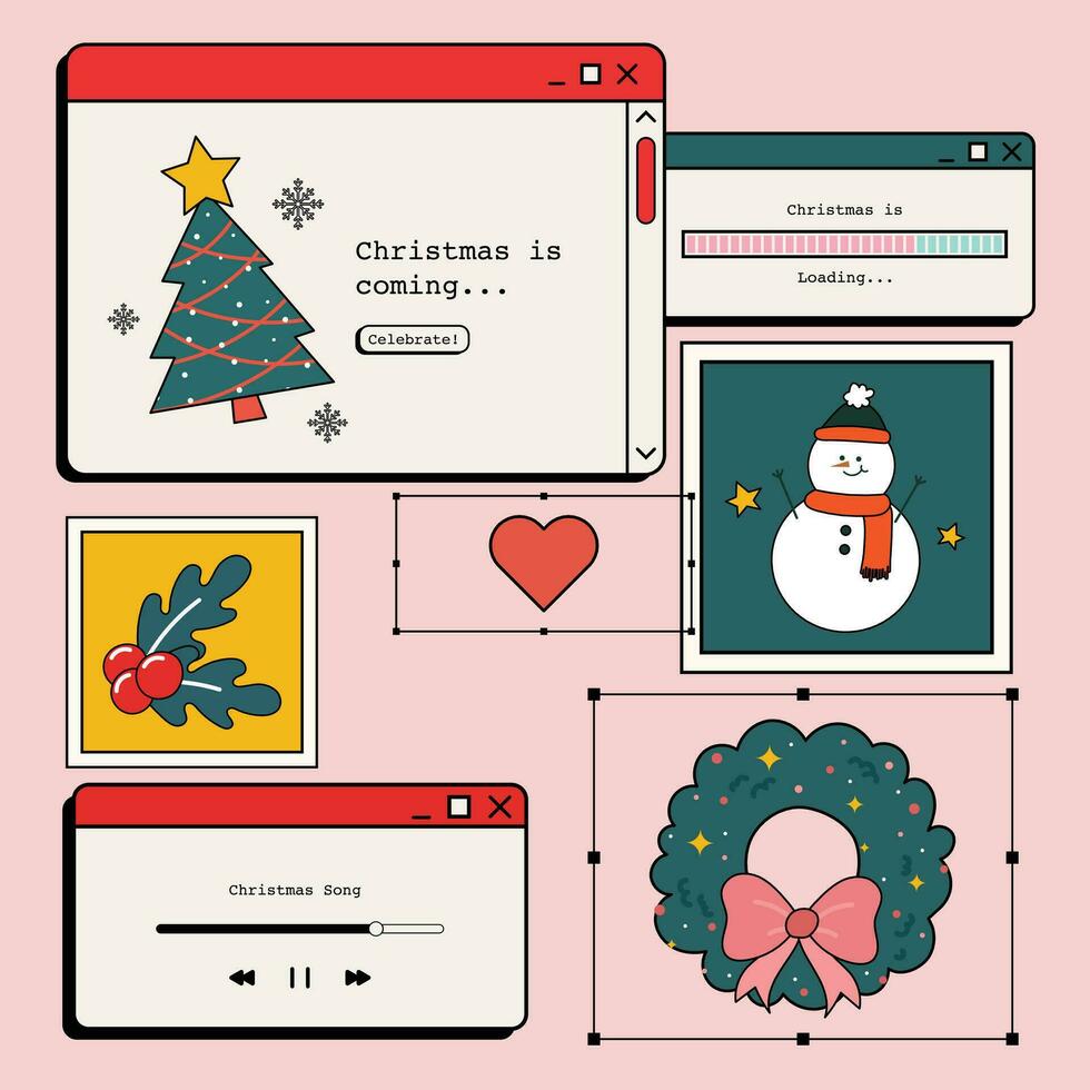 piatto design vettore retrò allegro Natale finestre linguetta illustrazione collezione