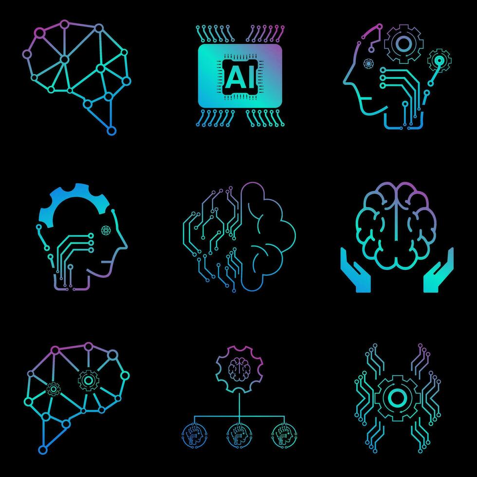 impostato di nove tecnologia icone vettore, ai vettore concetto, 9 icone di ai generazione illustrazione simbolo, ai icone impostato per artificiale intelligenza su buio backgroun