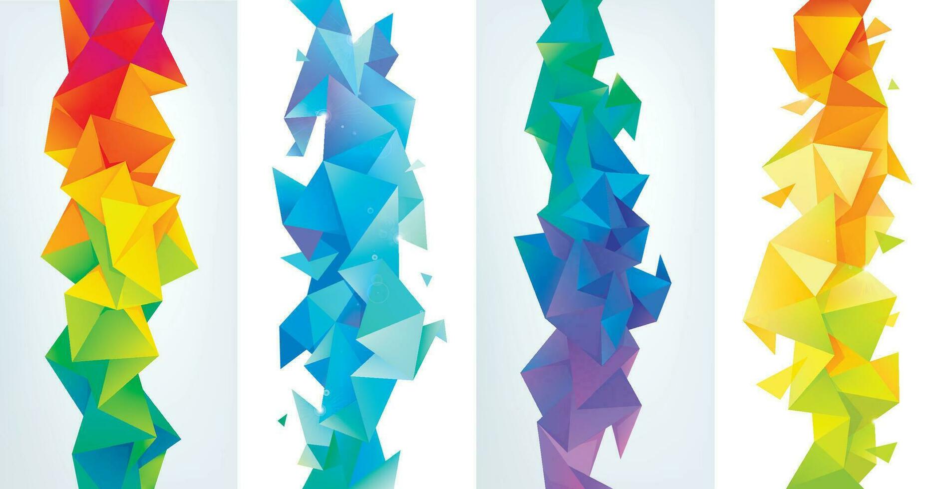 vettore impostato di blu, giallo colorato astratto sfaccettatura, Basso poli geometrico triangolo sfondi. 3d cristallo colorato forme, striscioni, verticale orientamento