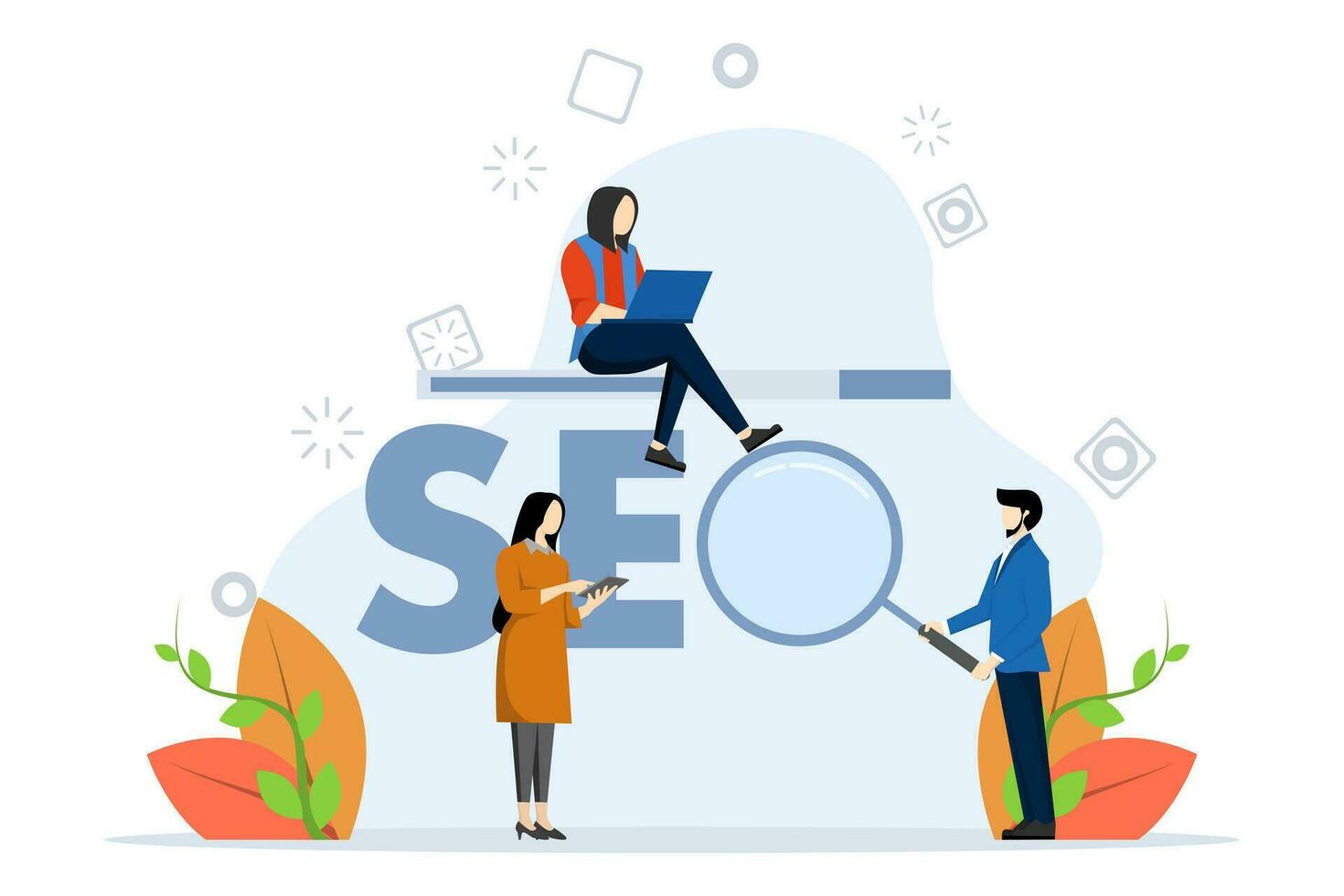 ricerca motore ottimizzazione concetto, con un' gruppo di creativo scrittori utilizzando SEO per ottenere Di Più visitatori, adatto per atterraggio pagina, ui, ragnatela, App intro carta, editoriale e volantino, vettore illustrazione.