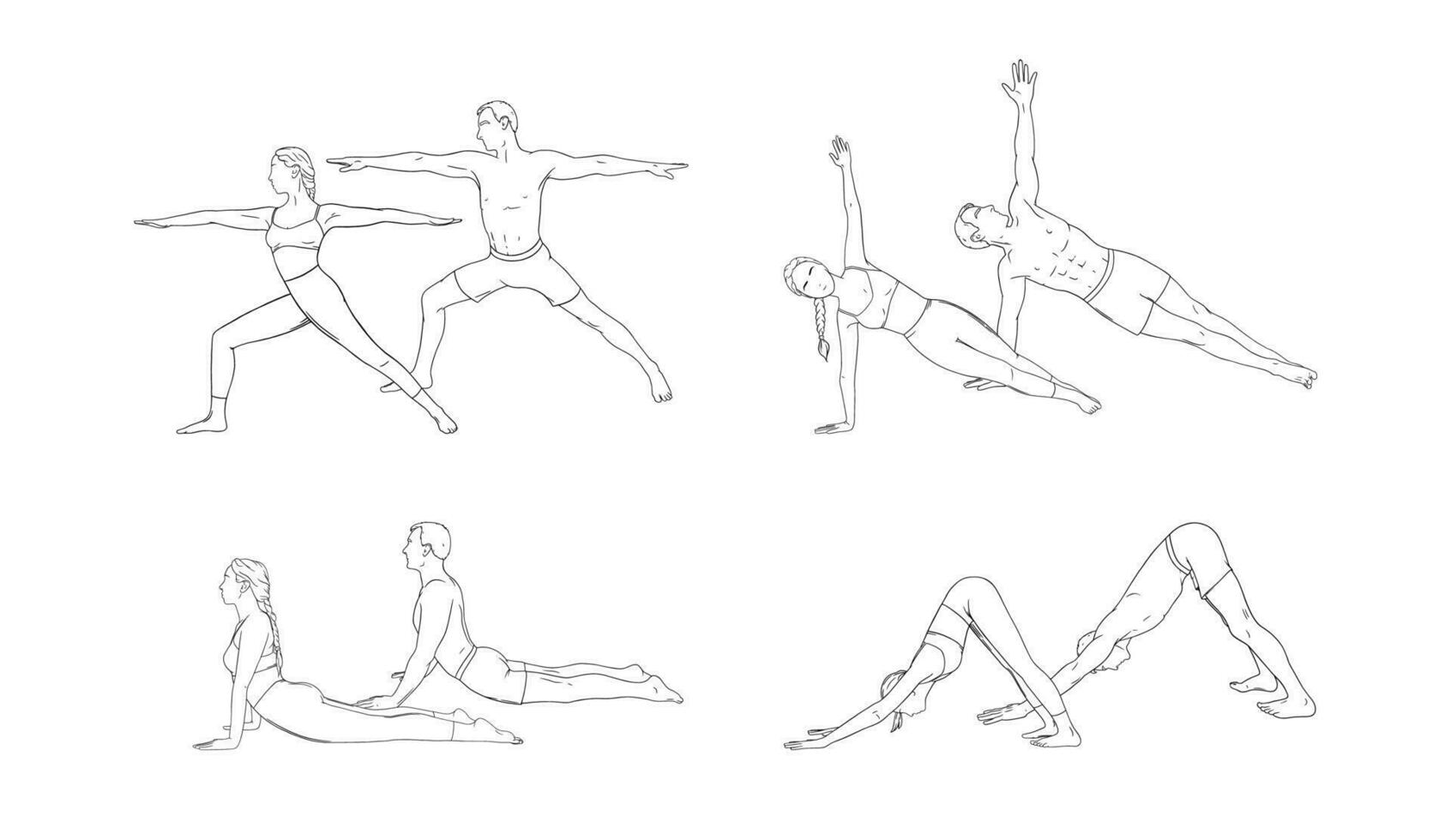 yoga guerriero, cane, cobra e lato tavola. donna e uomo praticante potenziamento yoga pose. mano disegnato vettore illustrazione