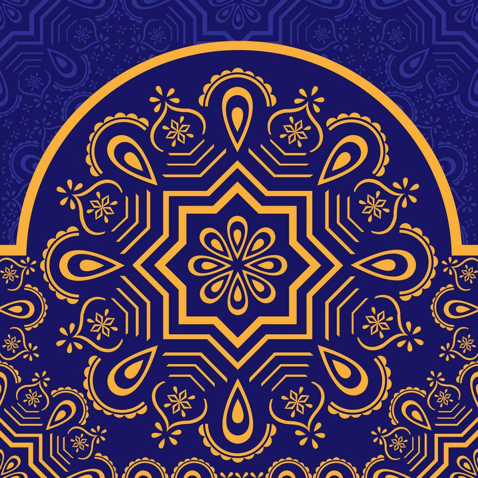 islamico mandala modello con papercut effetto sfondo e colore combinazione buio blu e giallo vettore