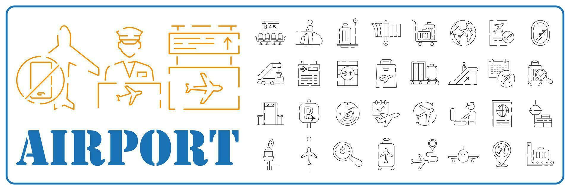 aeroporto linea icone e simboli icona impostare, aereo, trasporto, cartello, oggetto. estate viaggio volo turista. vettore