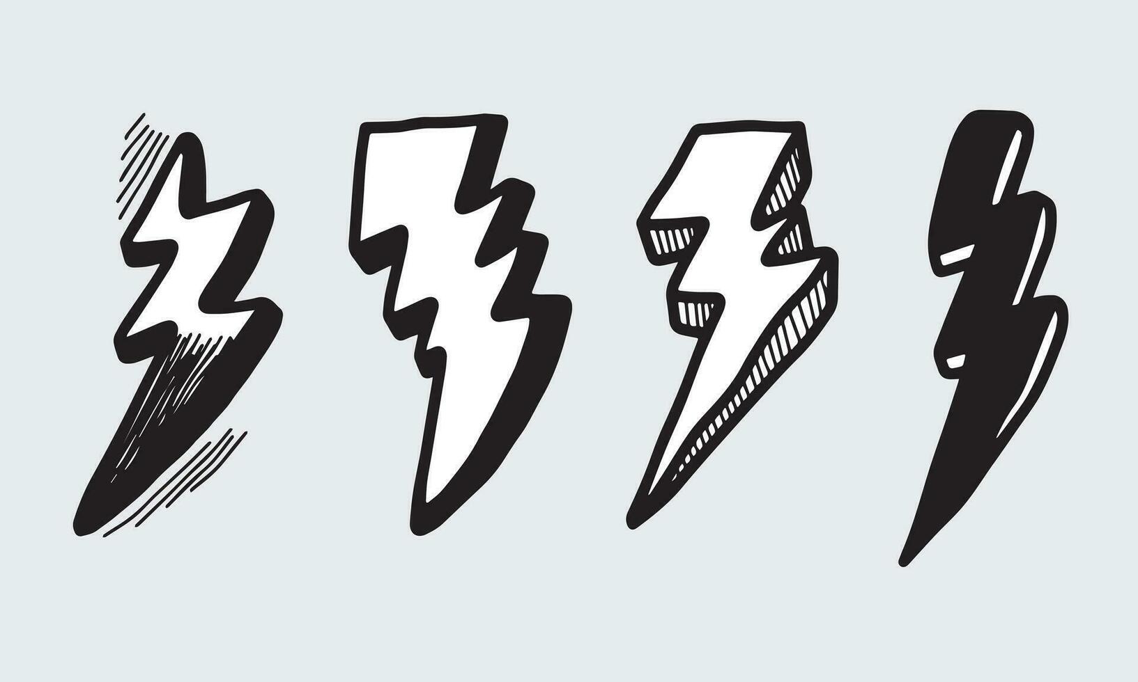 set di illustrazioni di schizzo di simbolo di fulmine elettrico doodle vettoriale disegnato a mano. icona di doodle di simbolo di tuono.