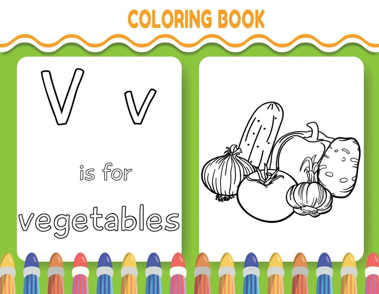 bambini alfabeto colorazione libro pagina con delineato clipart per colore. il lettera v è per verdure. vettore