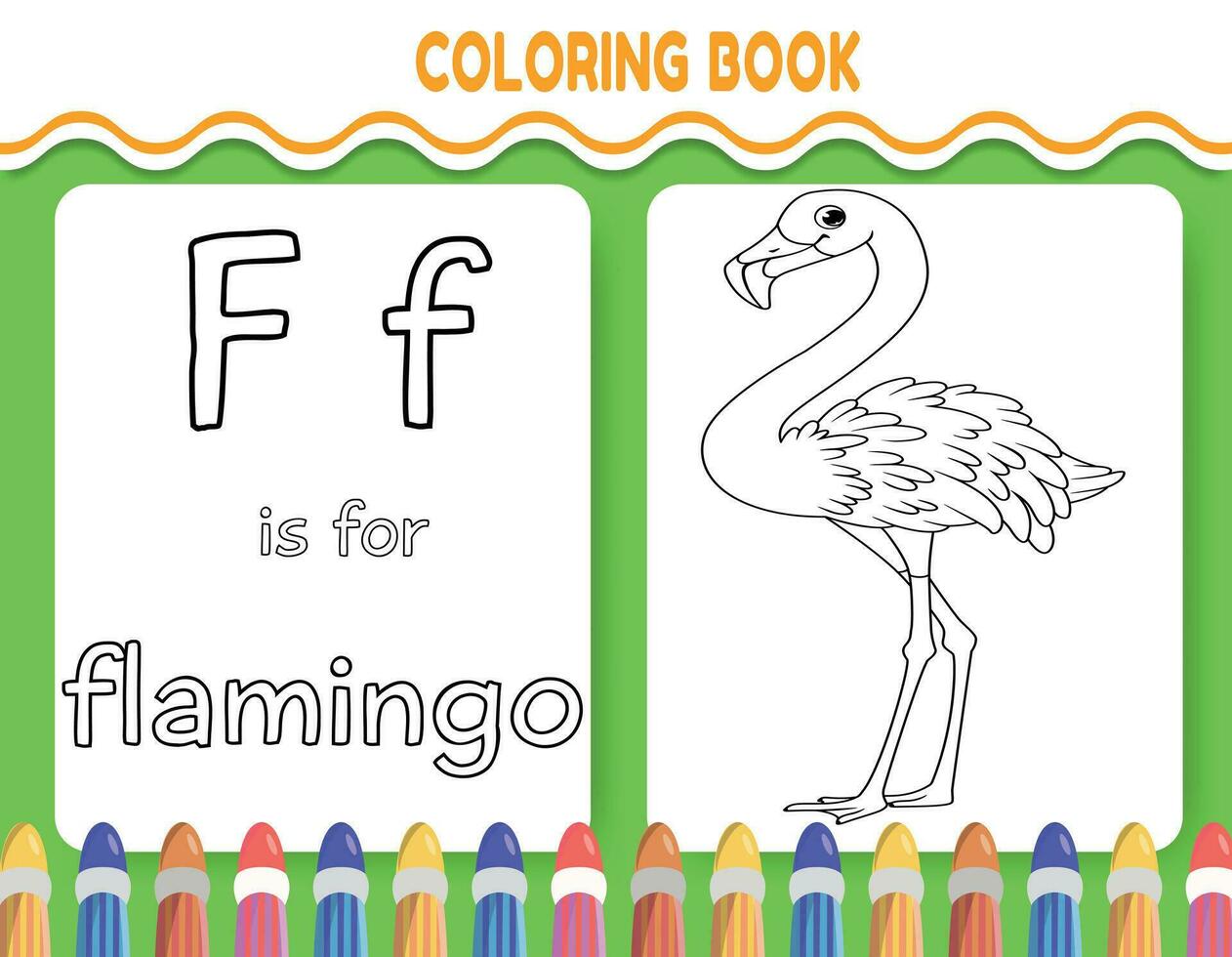bambini alfabeto colorazione libro pagina con delineato clipart per colore. il lettera f è per fenicottero. vettore