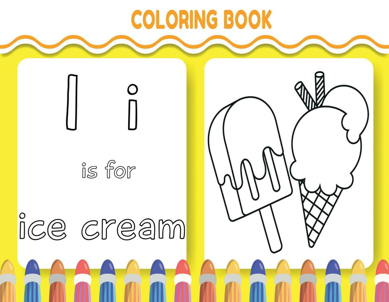 bambini alfabeto colorazione libro pagina con delineato clipart per colore. il lettera io è per ghiaccio crema. vettore