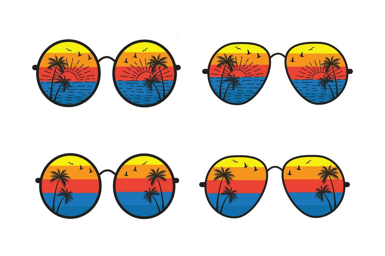 retrò spiaggia riflessione occhiali da sole vettore maglietta design elemento, estate vacanza con palma alberi occhiali, Alba luce del sole onda scenario, anni 90 afflitto Vintage ▾, 70s vecchio colorato stile