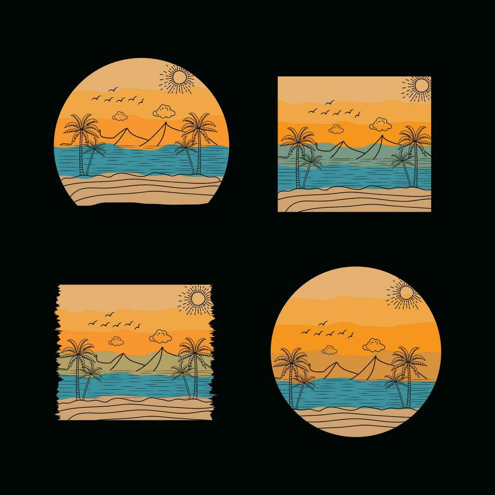 retrò tramonto spiaggia maglietta design pronto modello grafica vettore illustrazione, anni 90 afflitto Vintage ▾, estate vacanza con palma alberi distintivi, 70s vecchio colorato stile, Alba luce del sole onda tela