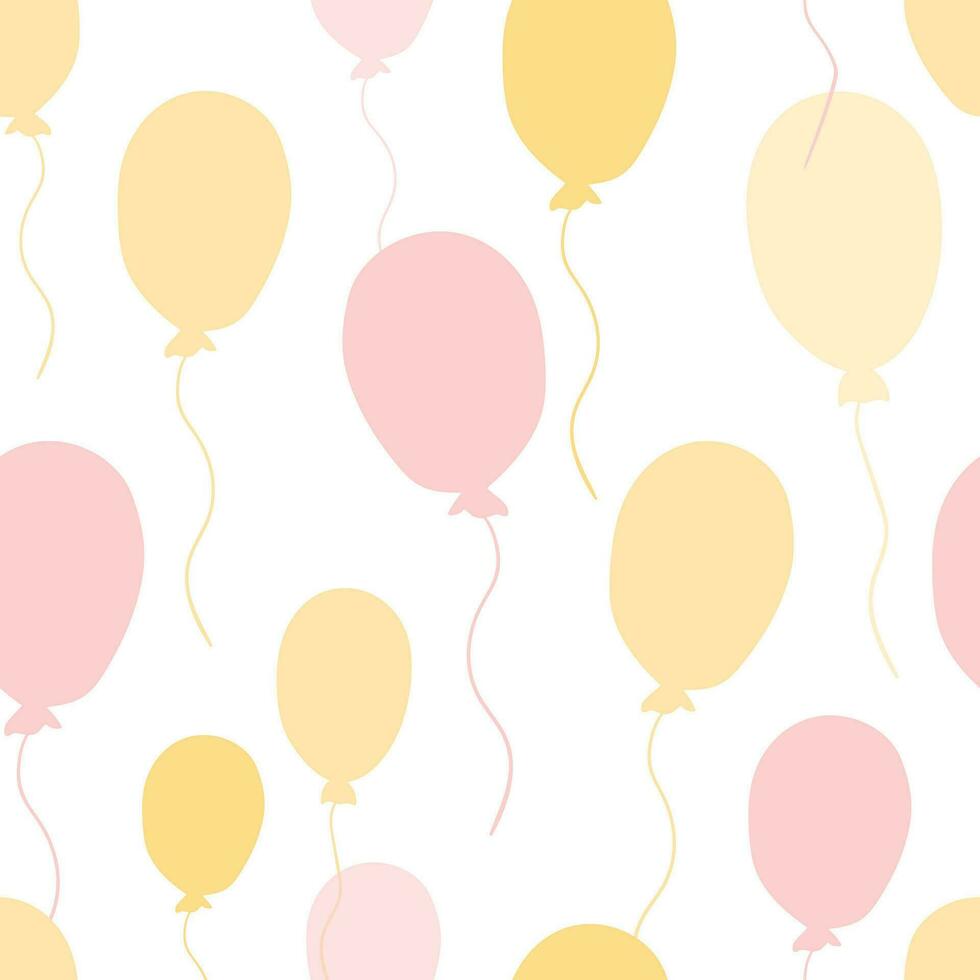 senza soluzione di continuità modello con mano disegnato scarabocchio rosa giallo palloncini su bianca compleanno, carnevale festa sfondo. vettore illustrazione celebrazione avvolgere copertina pacchetto design wallpapaer stampabile