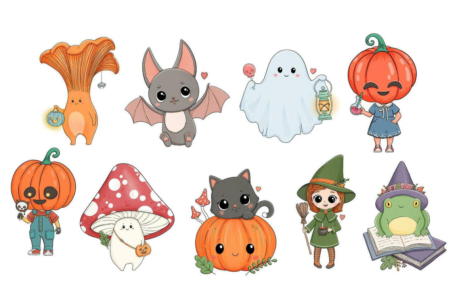 carino Halloween personaggi impostare. vettore fungo, fantasma, pipistrello, nero gatto, strega, zucca testa, rana. grande per festa decorazione. vettore illustrazione