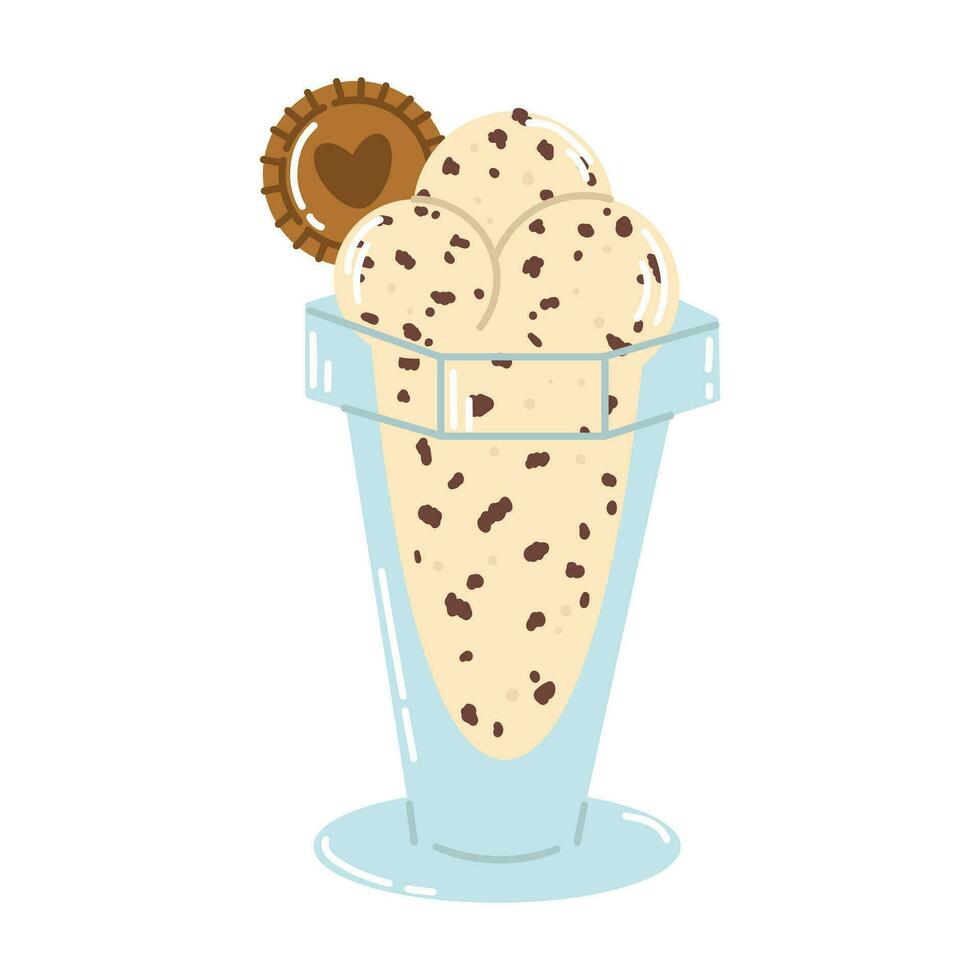 isolato cartone animato colorato ghiaccio crema nel bicchiere con patata fritta di cioccolato e biscotto nel piatto vettore stile su bianca sfondo. estate cibo.