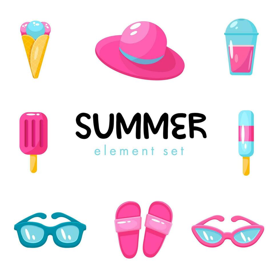 estate elemento impostato con ghiaccio crema, occhiali da sole e cappello vettore