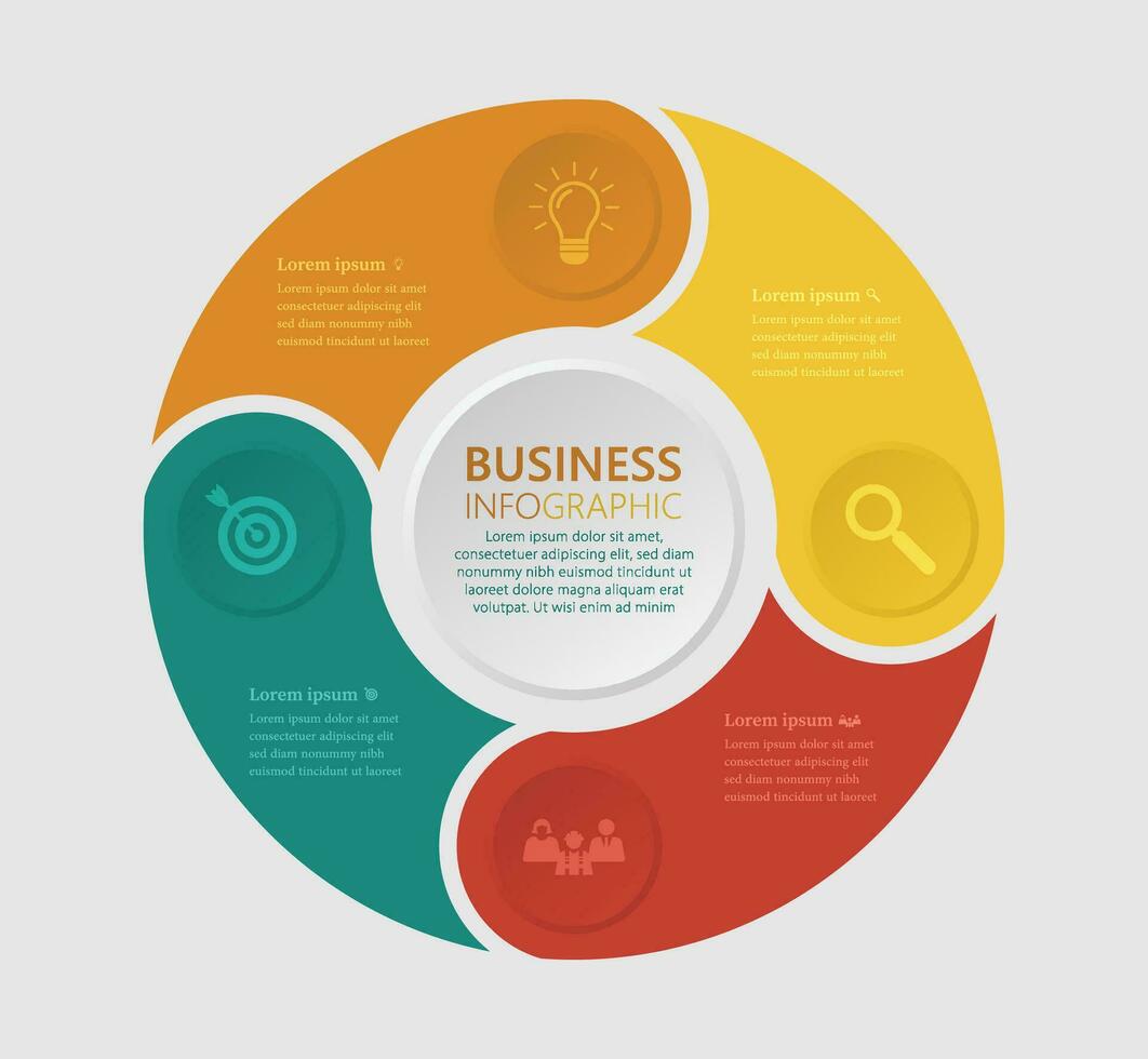 attività commerciale Infografica modello, pubblicità torta grafico presentazione, quattro passaggi flusso di lavoro cerchio diagramma vettore