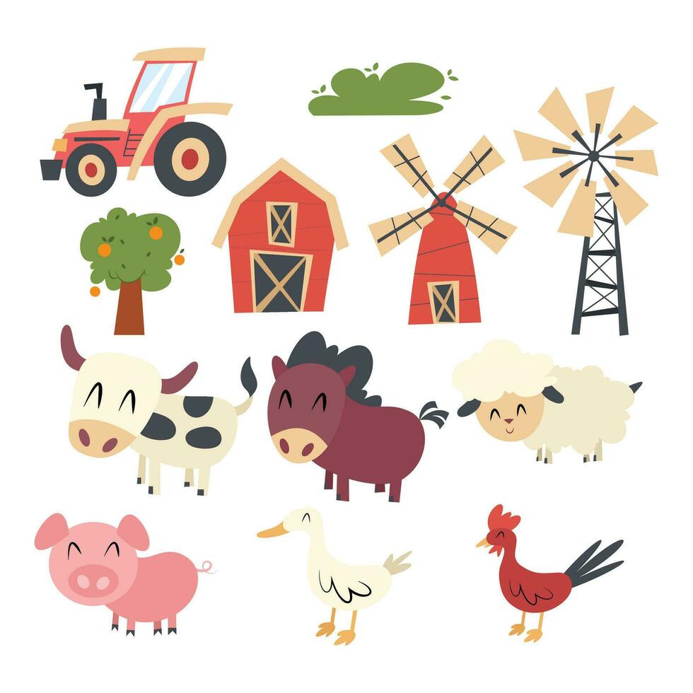 poco azienda agricola con contento animali nel divertimento cartone animato stile, infallibile illustrazione vettore