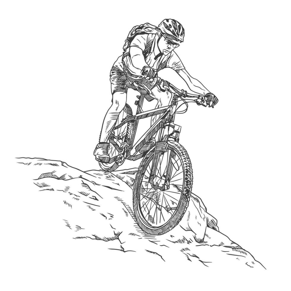 uomo equitazione un' montagna bicicletta, nero e bianca mano disegnato schizzo vettore