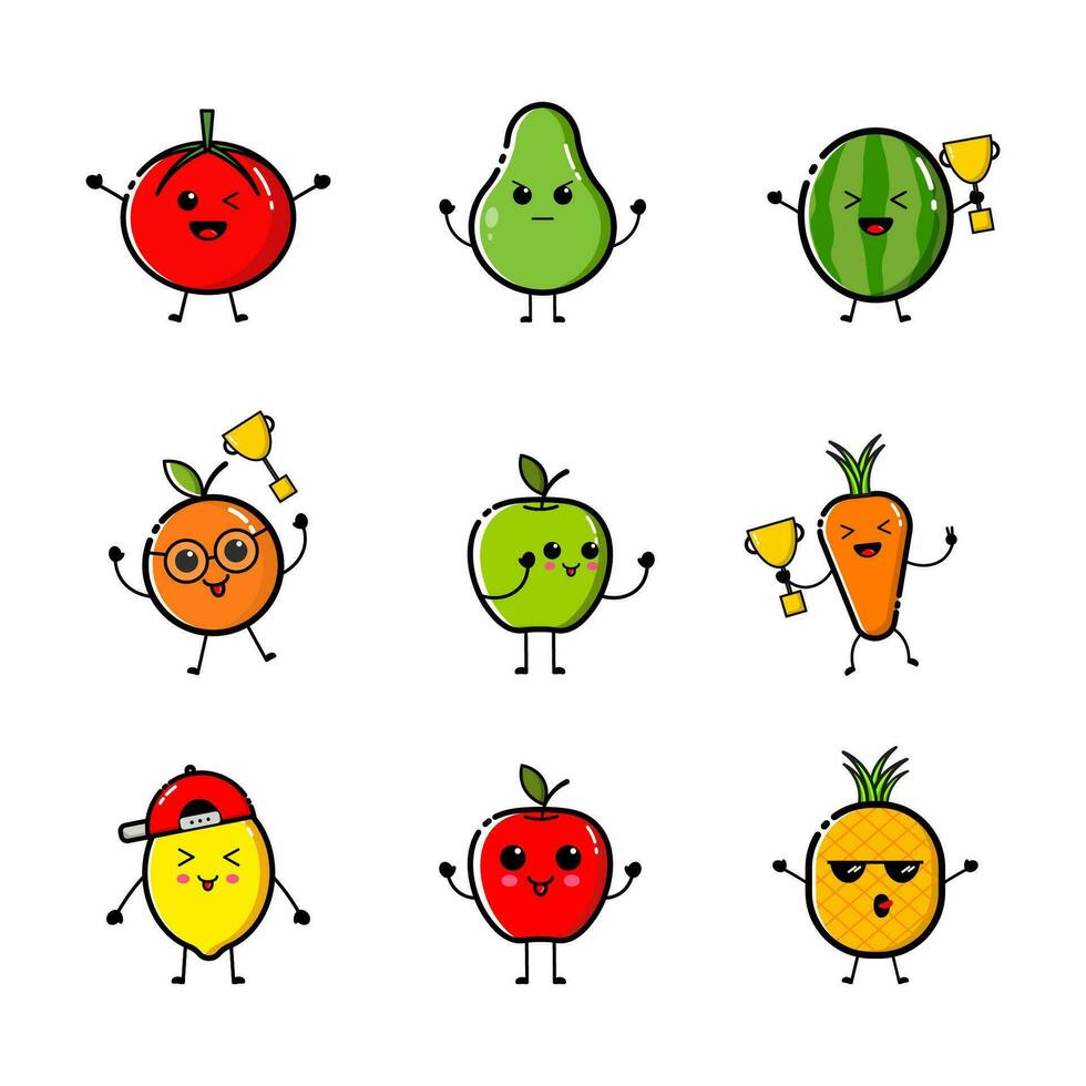 frutta e verdura personaggi con carino facciale espressioni e vettore
