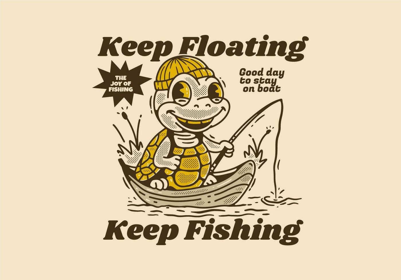 mantenere galleggiante mantenere pesca, portafortuna personaggio di il tartaruga pesca su il barca vettore