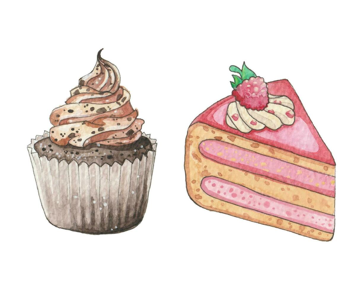 due set di dessert, illustrazione disegnata a mano ad acquerello vettore
