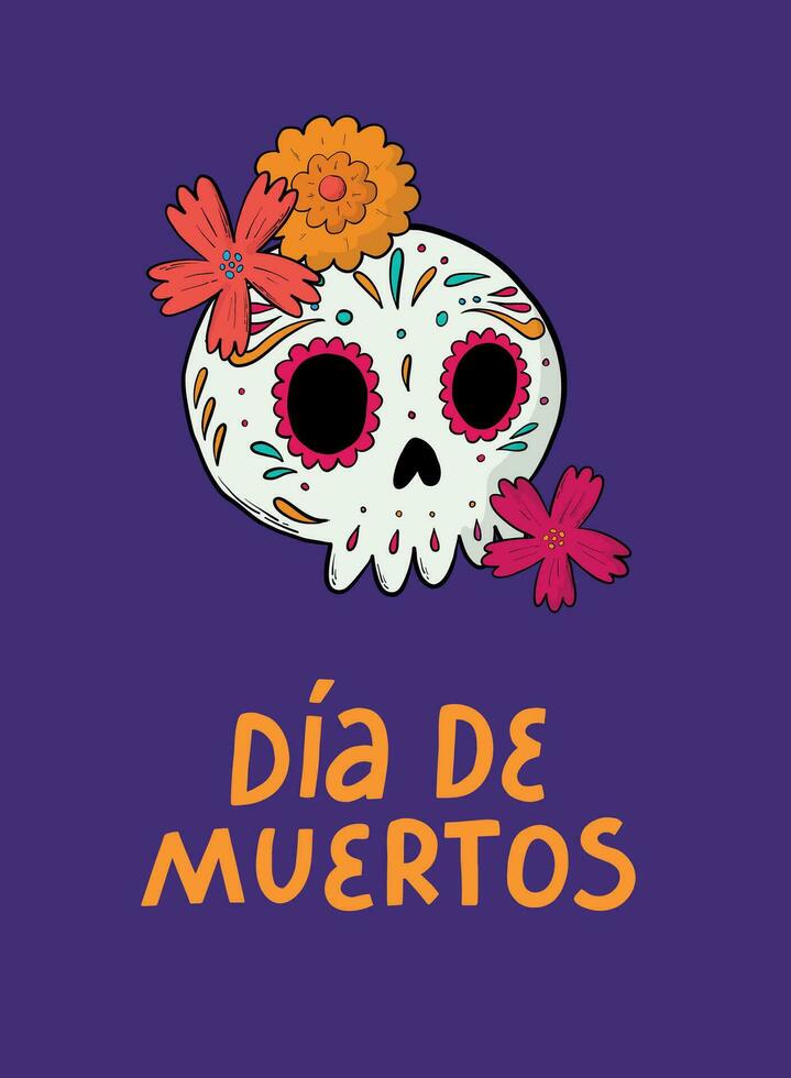 dia de muertos carta, manifesto, striscione, invito, Stampa, eccetera decorato con scarabocchi di cranio e fiori. eps 10 vettore