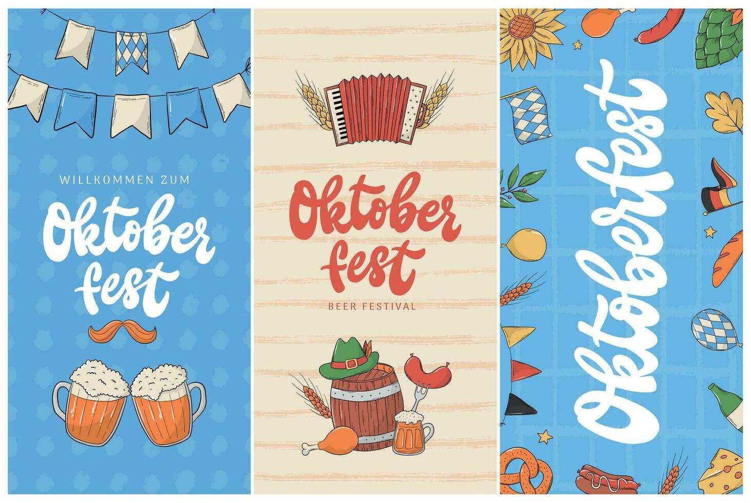 impostato di oktoberfest verticale banner decorato con lettering citazioni e scarabocchi per segni, manifesti, stampe, inviti, modelli, eccetera. eps 10 vettore