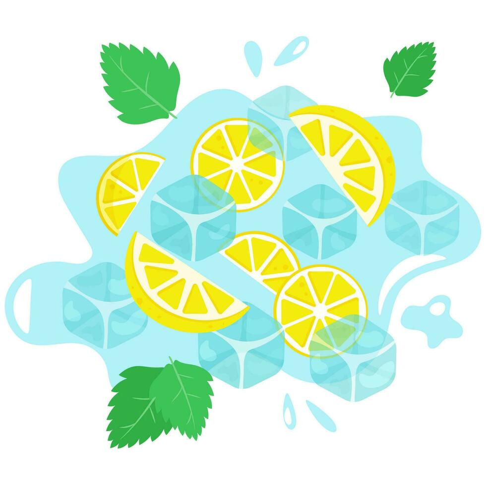 Limone fette con ghiaccio cubi e menta vettore