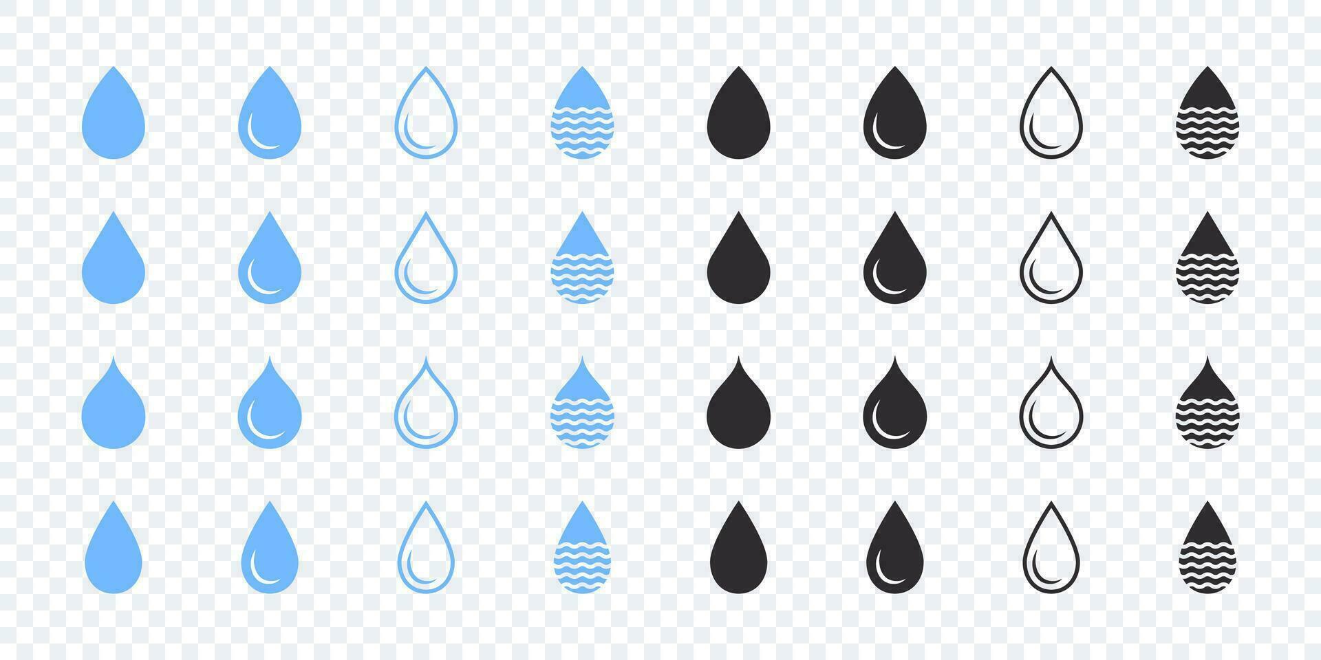 acqua gocce icone impostare. blu e nero acqua gocce icone. vettore scalabile grafica