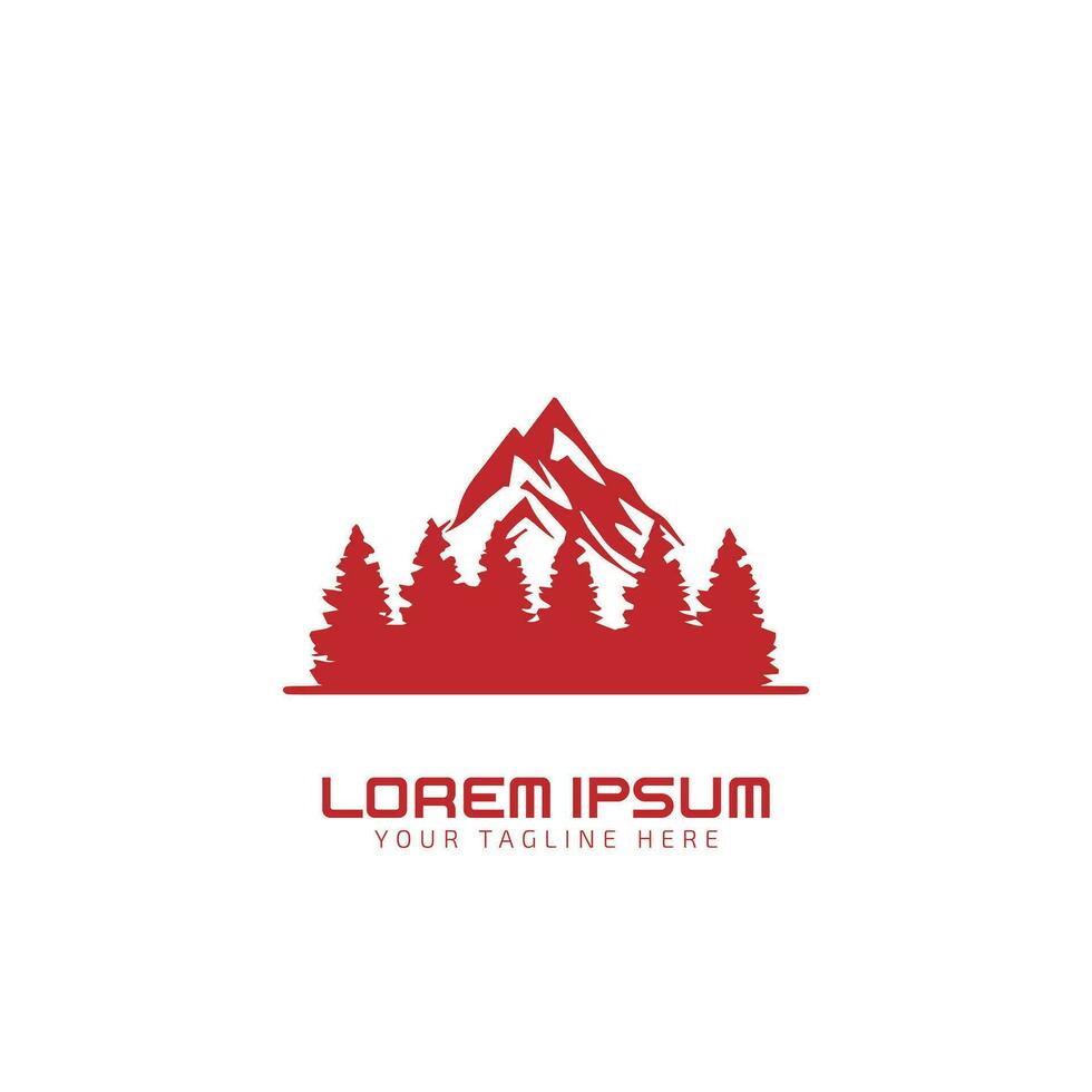 montagna logo con pino albero, vettore illustrazione, icona, disegno, modello, rosso su bianca sfondo