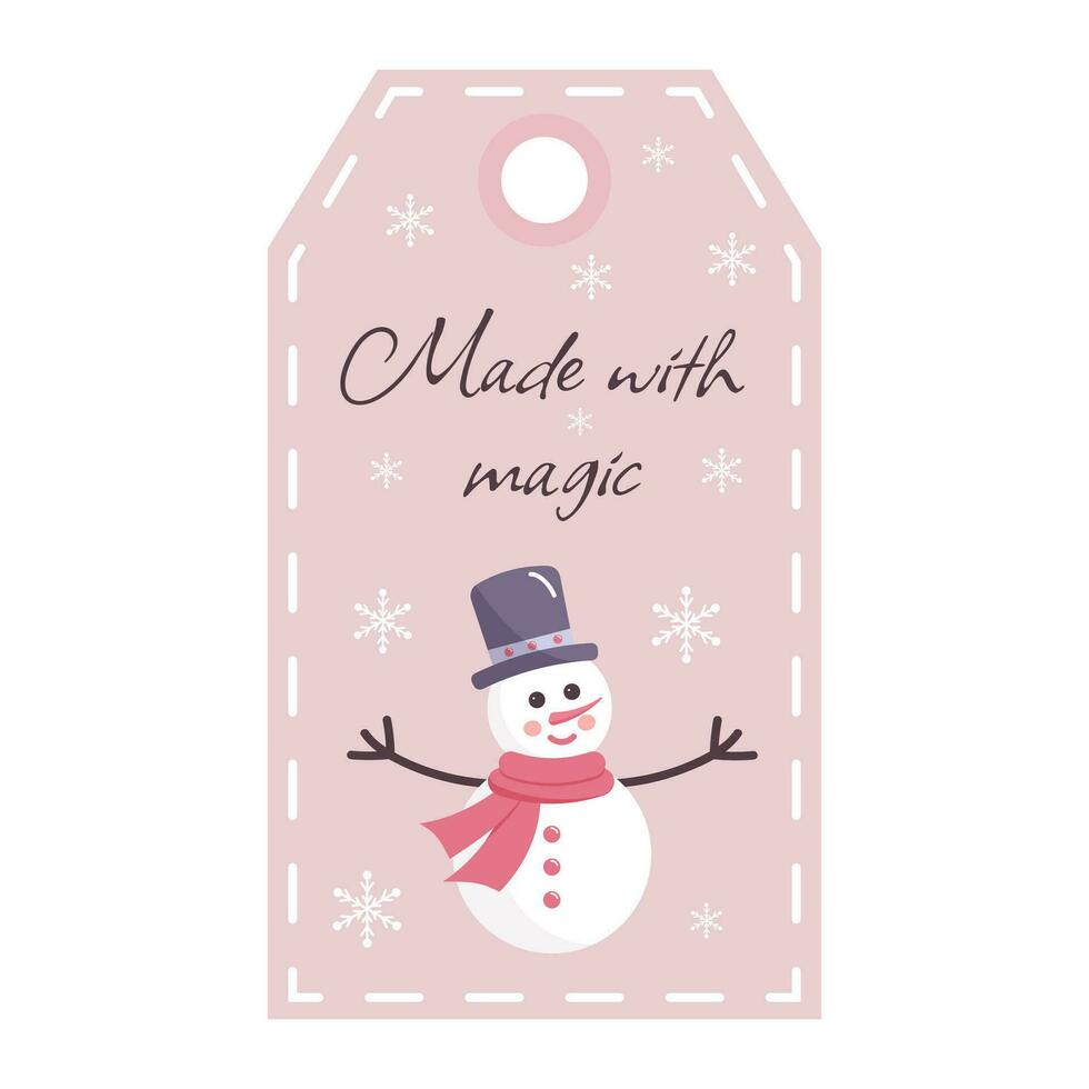 Natale etichetta con pupazzo di neve e fiocchi di neve. fatto con Magia. vacanza regalo etichetta modello. vettore