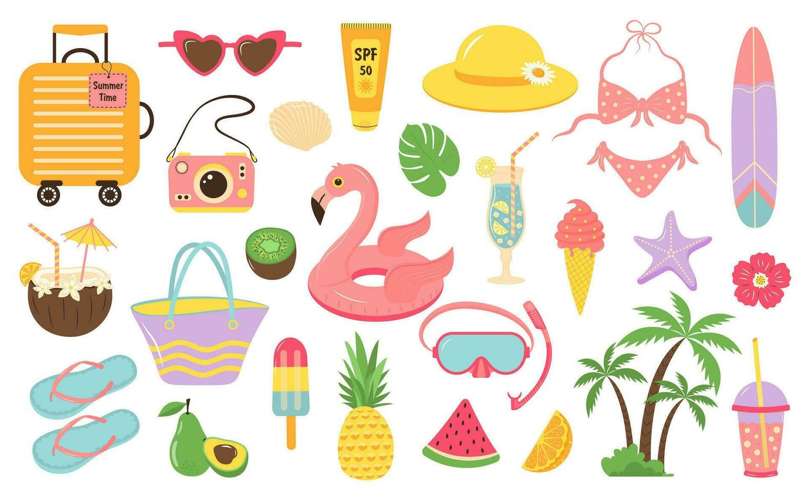 estate spiaggia impostato di icone. carino cartone animato adesivi collezione. estate vacanza, Ciao estate, spiaggia festa, rilassare concetto. vettore