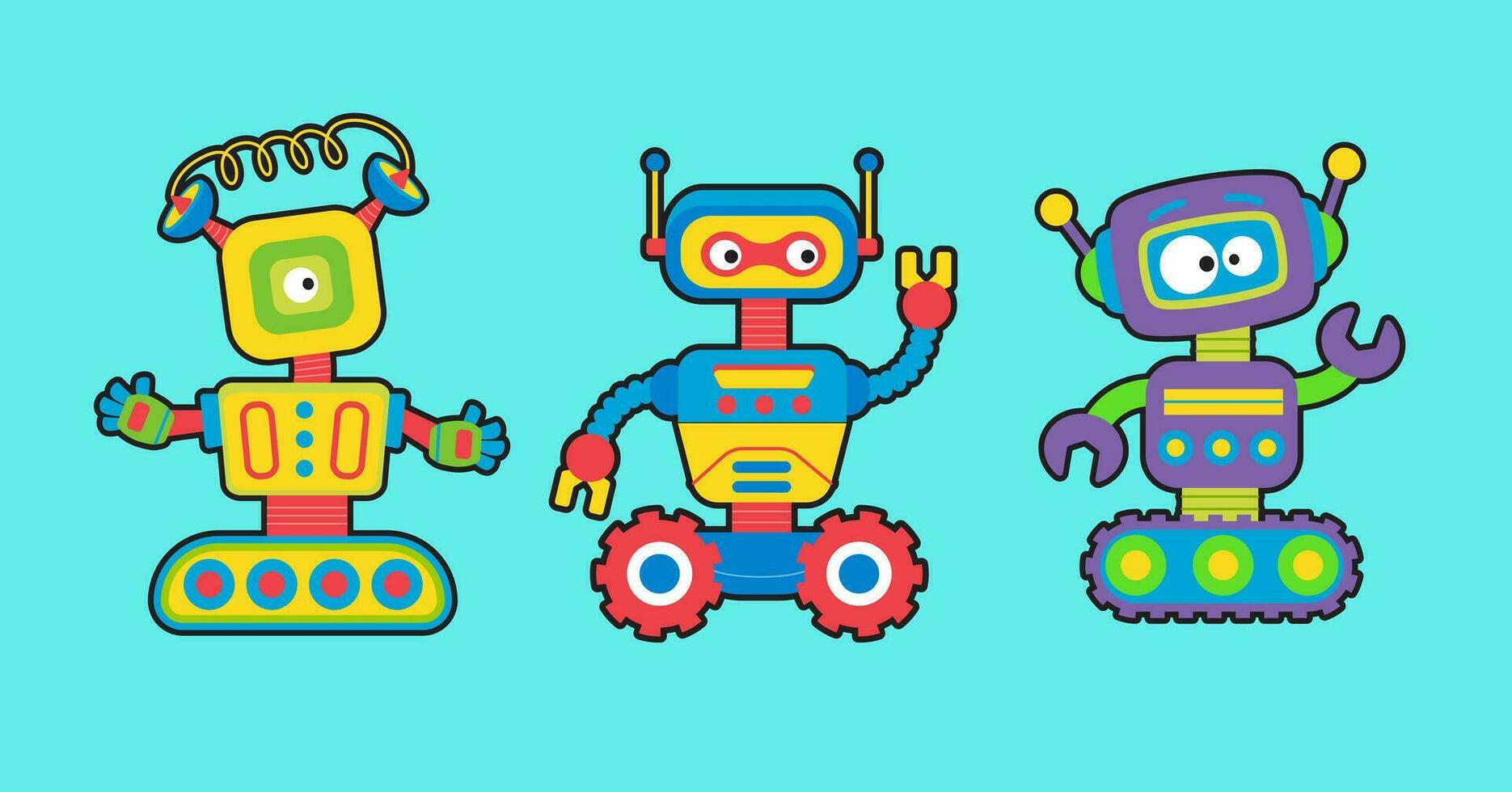 mano disegnato robot personaggio con diverso pose collezione, cartone animato robot icona impostare. vettore