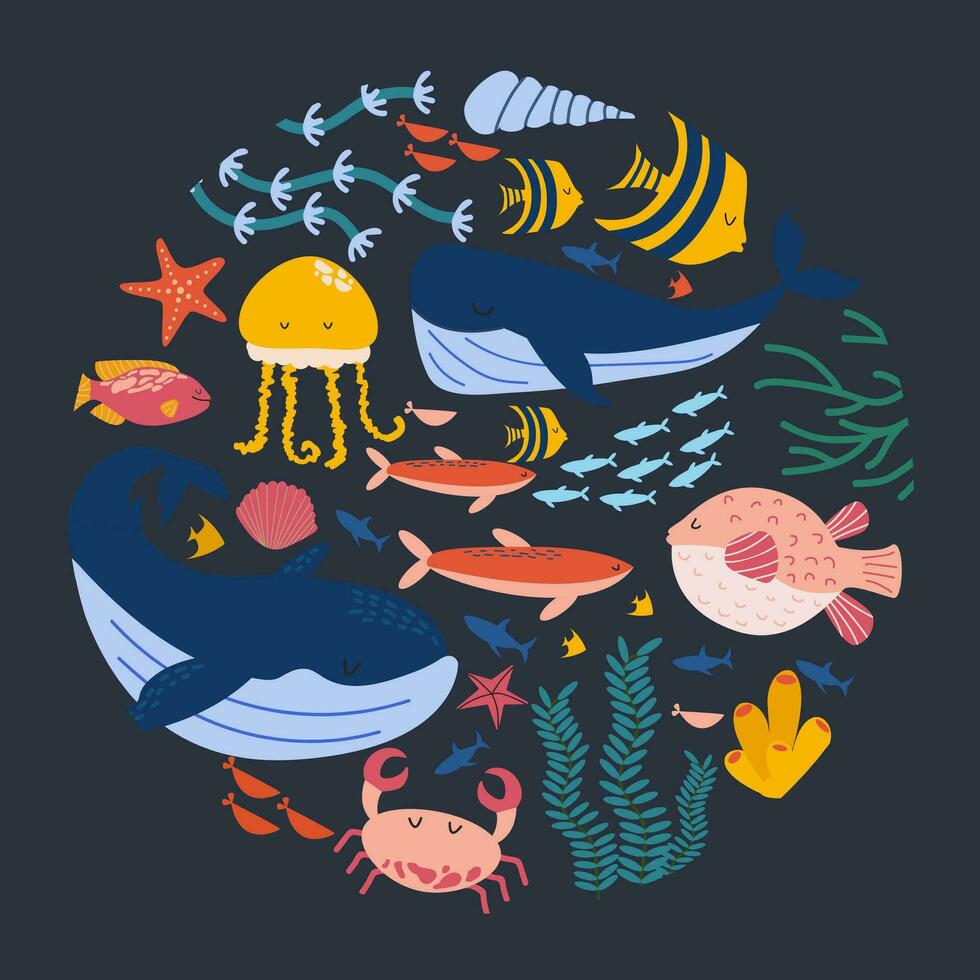 marino animali e pesce. marino bandiera stilizzato nel un' cerchio. subacqueo mondo, mare vita. vettore illustrazione nel cartone animato stile. concetto carta con subacqueo abitanti. vettore illustrazione.
