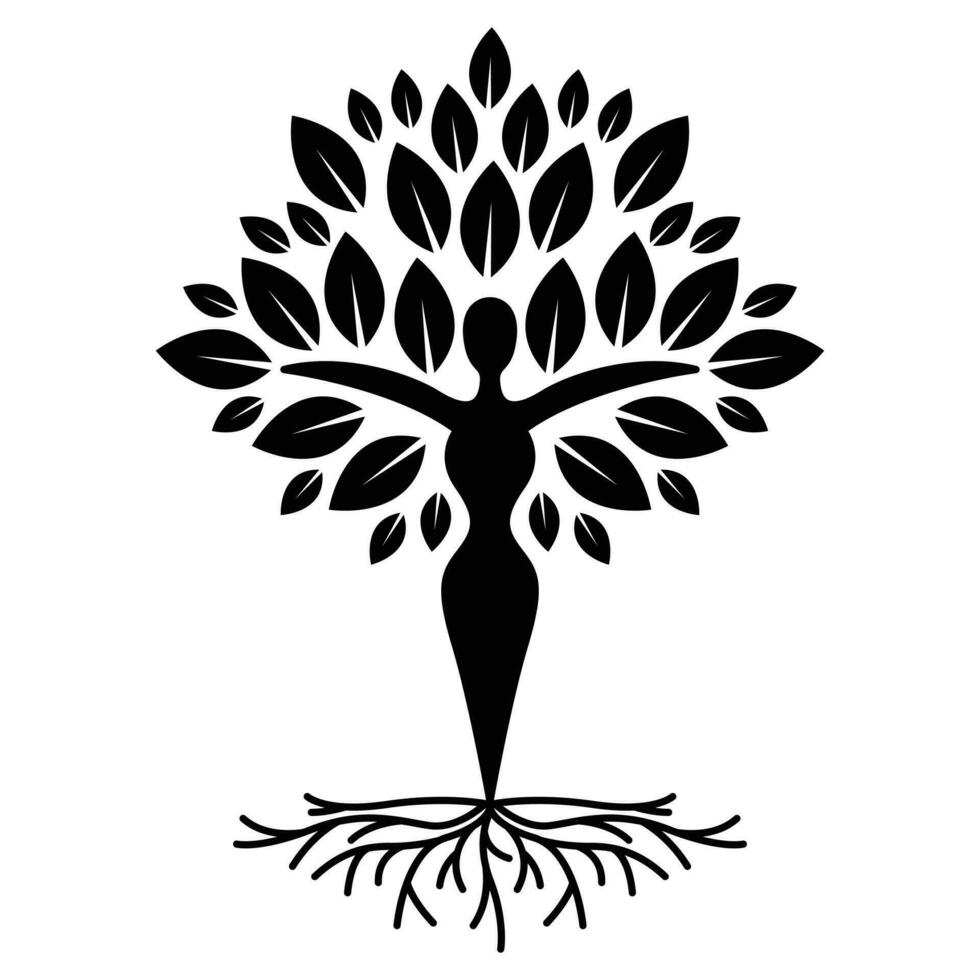 donna e albero astratto vettore icona design. natura e crescita piatto icona.