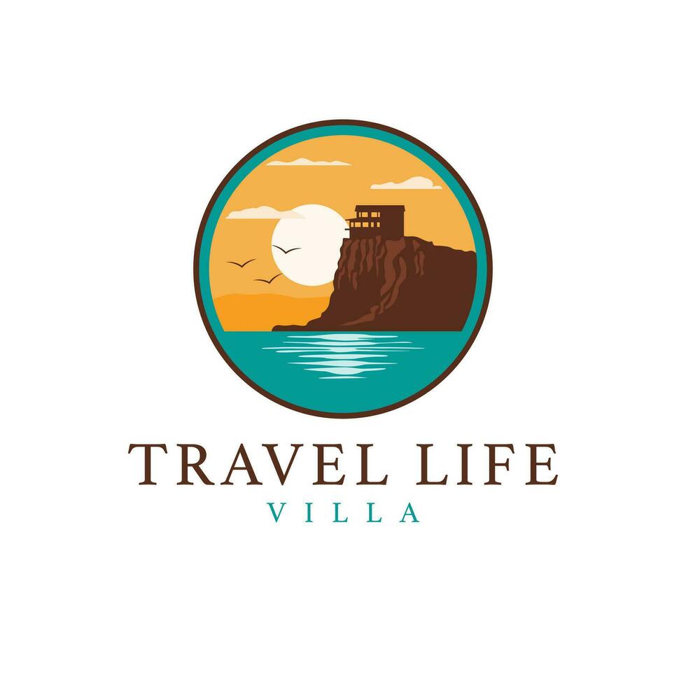 viaggio vita villa vettore logo design. case e sole logotipo. vero tenuta logo modello.