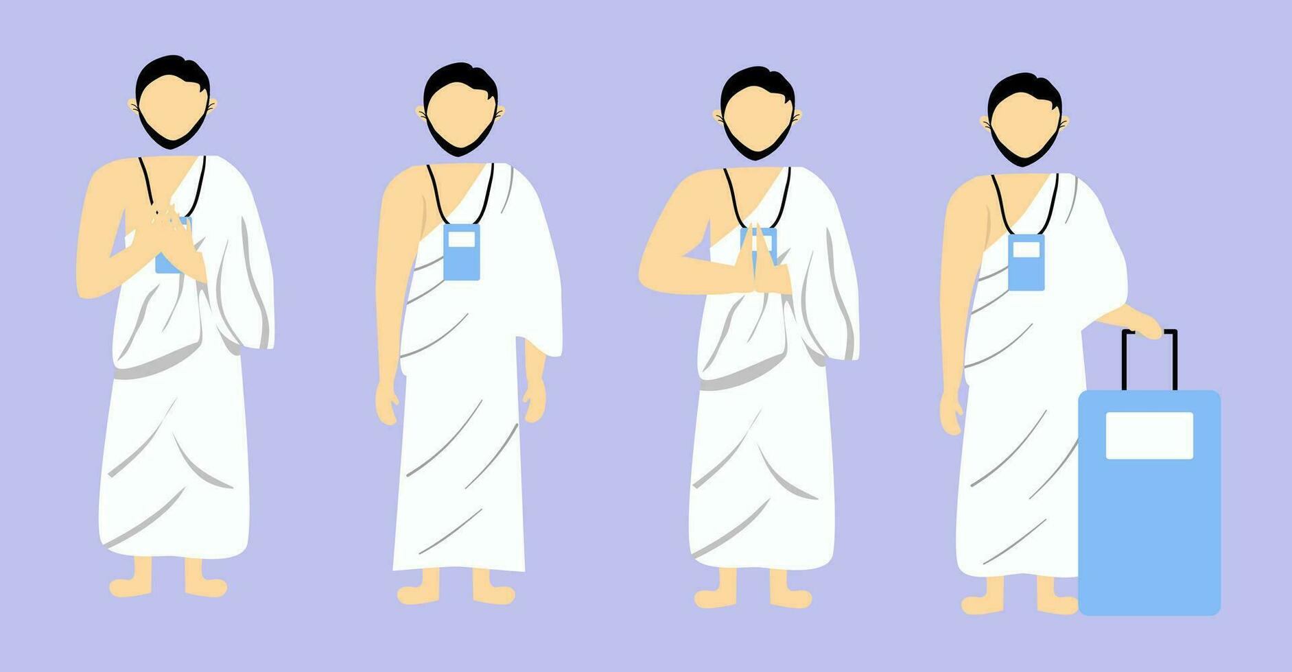 impostato di musulmano hajj senza volto indossare ihram, islamico pellegrinaggio vettore cartone animato illustrazione