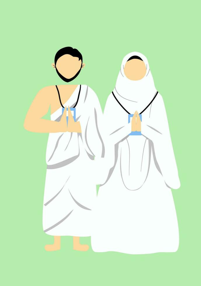 impostato di musulmano hajj famiglia senza volto indossare iram, islamico pellegrinaggio vettore cartone animato illustrazione