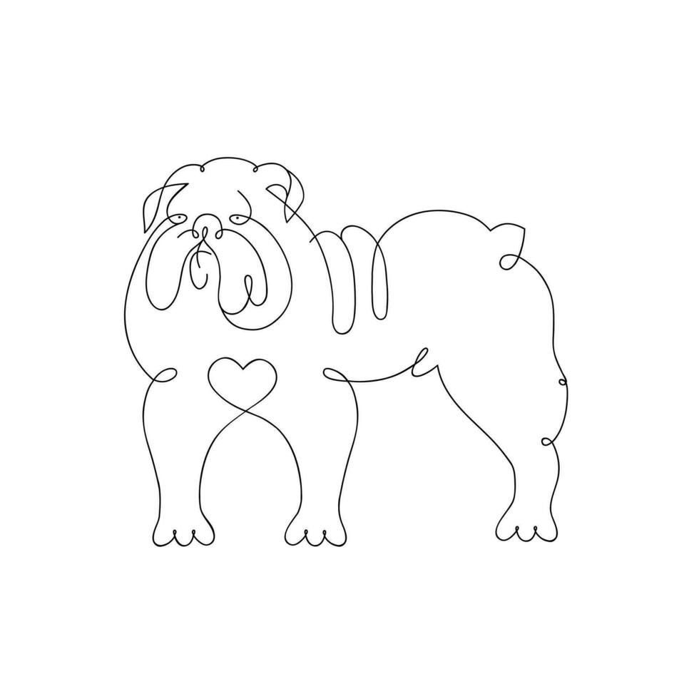 inglese bulldog con un' cuore su il suo il petto disegnato nel uno linea vettore