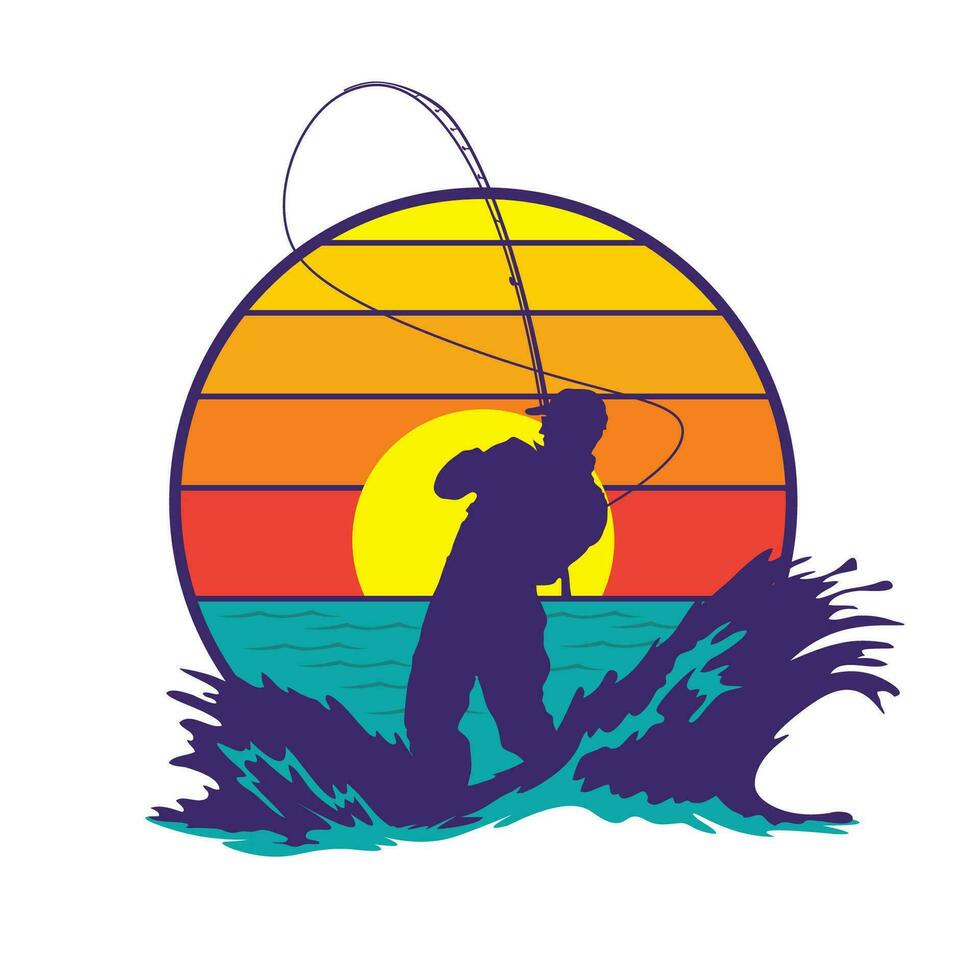 un' uomo pesca vettore illustrazione nel retrò stile, Perfetto per t camicia design e pesca club logo