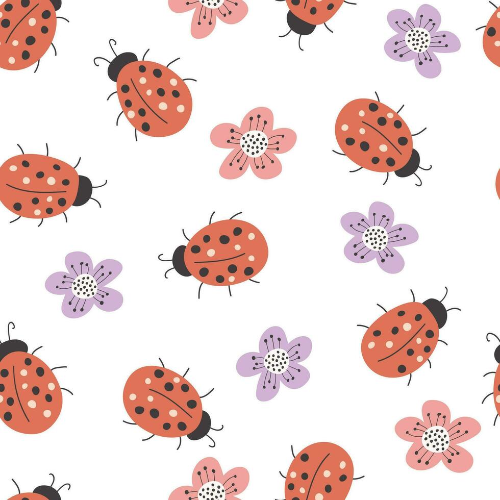 coccinelle tra fiori. estate modello. senza soluzione di continuità modello, vettore illustrazione