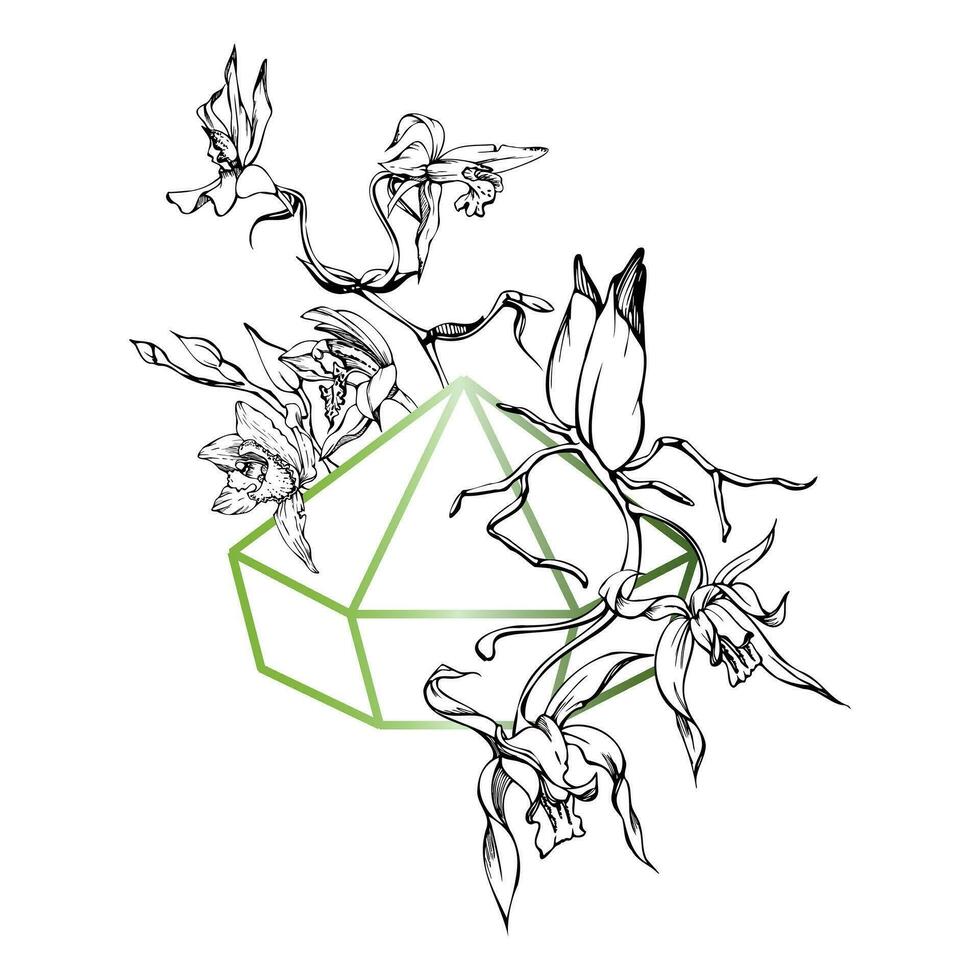 mano disegnato vettore inchiostro orchidea fiori e rami, monocromo, dettagliato schema. composizione con cristallo modulo. isolato su bianca sfondo. design per parete arte, nozze, Stampa, tatuaggio, coperchio, carta.