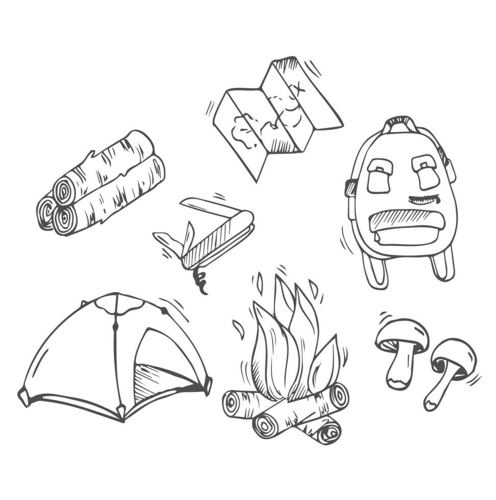 impostato di scarabocchio foresta campeggio design elementi. mano disegnato vettore illustrazioni isolato su un' bianca sfondo.