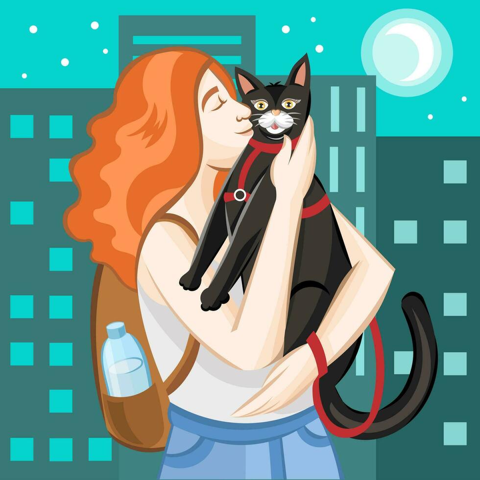 Zenzero ragazza con Marrone zaino petting nero gatto nel rosso animale domestico guinzaglio durante al di fuori a piedi nel notte città con edifici e Luna cielo - vettore illustrazione
