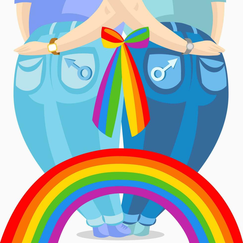 Due bianca pelle gay uomini nel jeans Tenere ogni Altro, collegato con colorato arco e arcobaleno - vettore illustrazione. lgbt orgoglio gay e lesbica concetto