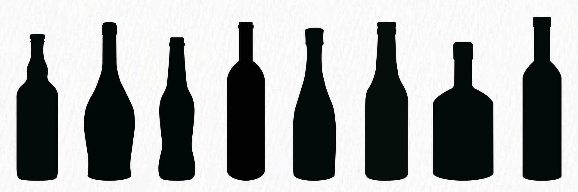 silhouette impostato di alcool bottiglia Compreso vino, birra, Champagne, Vodka, bevanda, cocktail, whisky, Brandy, Rum vettore