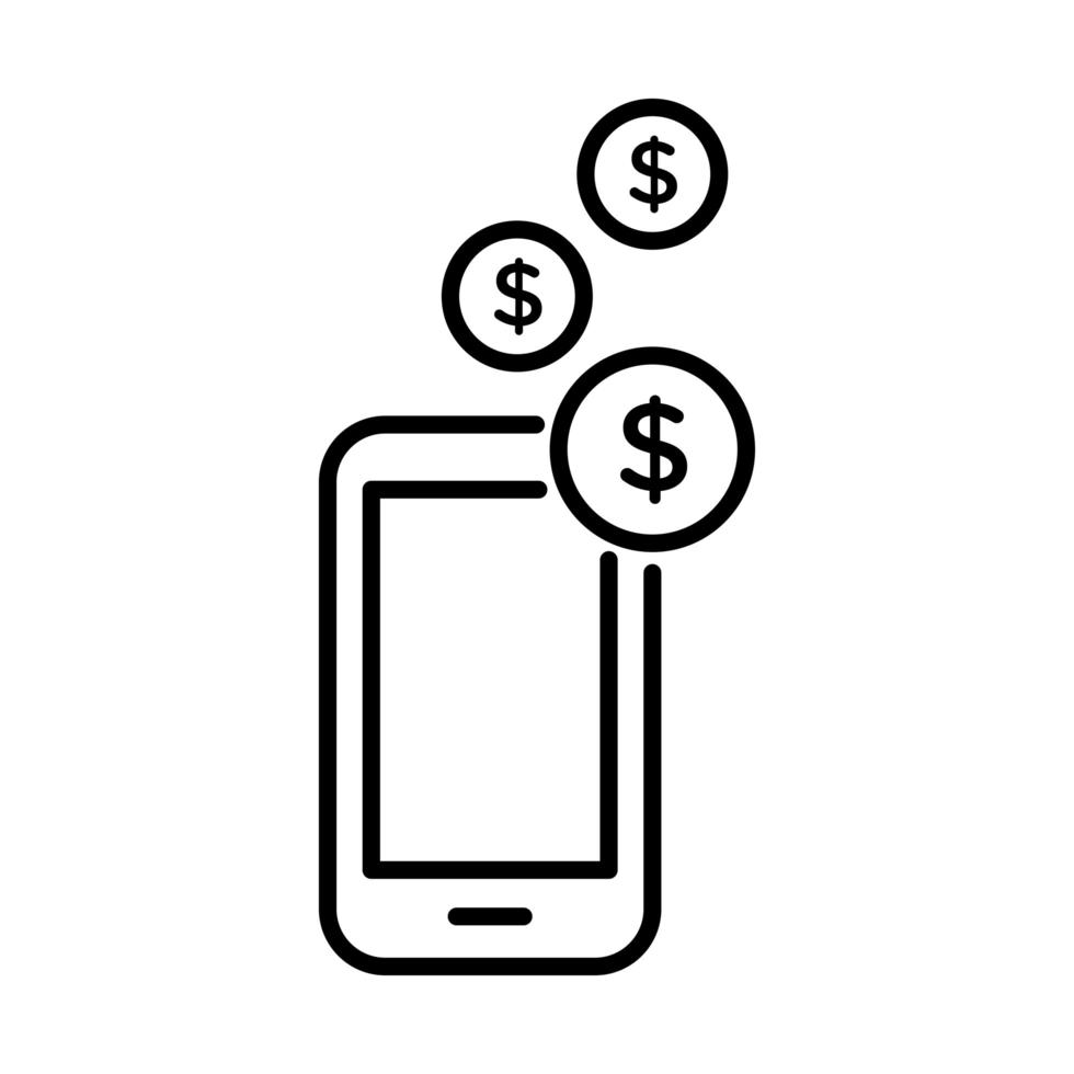 smartphone con monete soldi dollari icona stile linea vettore