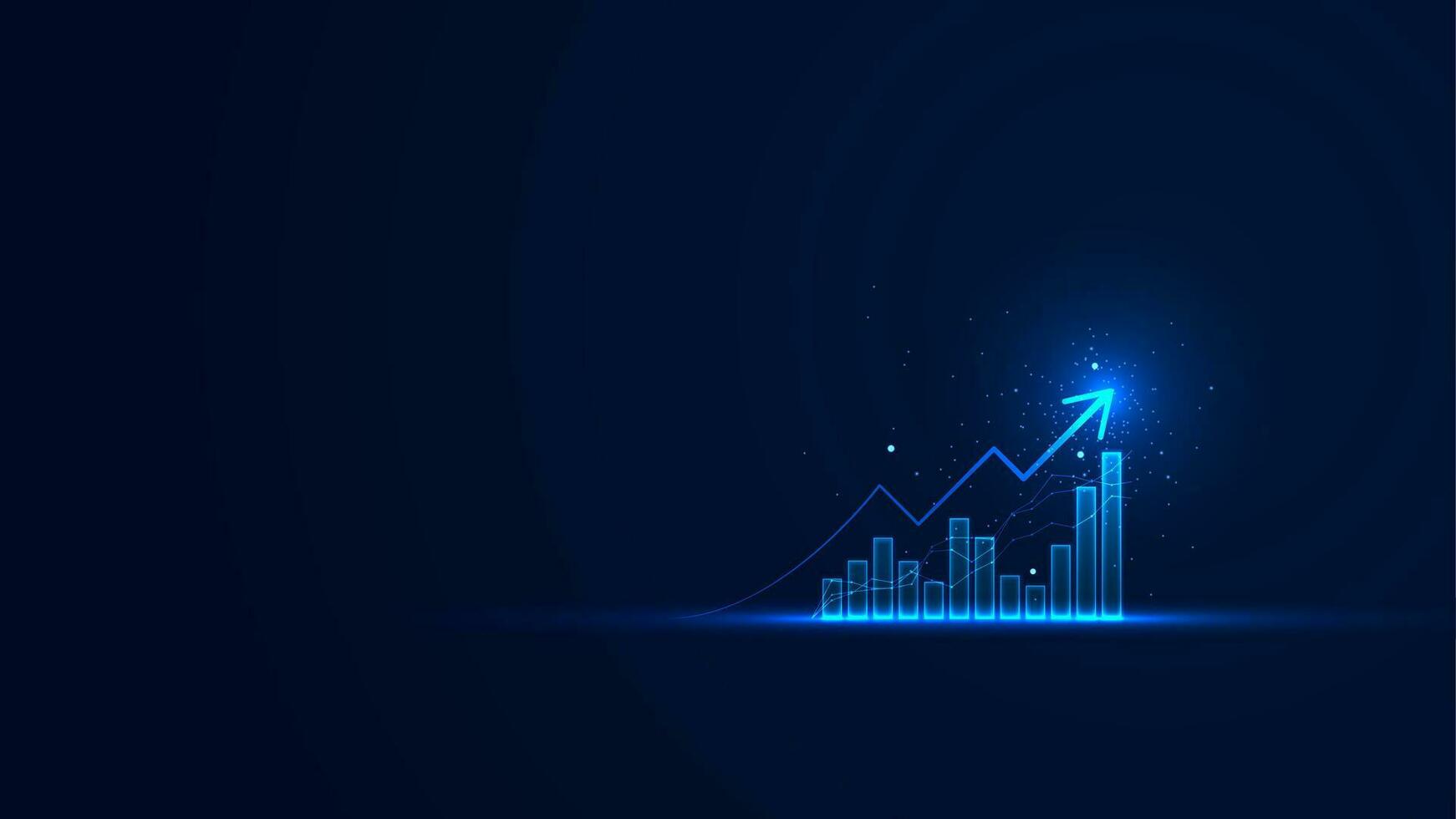 attività commerciale crescita sfondo con il raggiante bar grafico statico e su freccia. azione mercato crescita nel futuristico tecnologia stile. grafico di riuscito finanziario sviluppo su il buio sfondo vettore