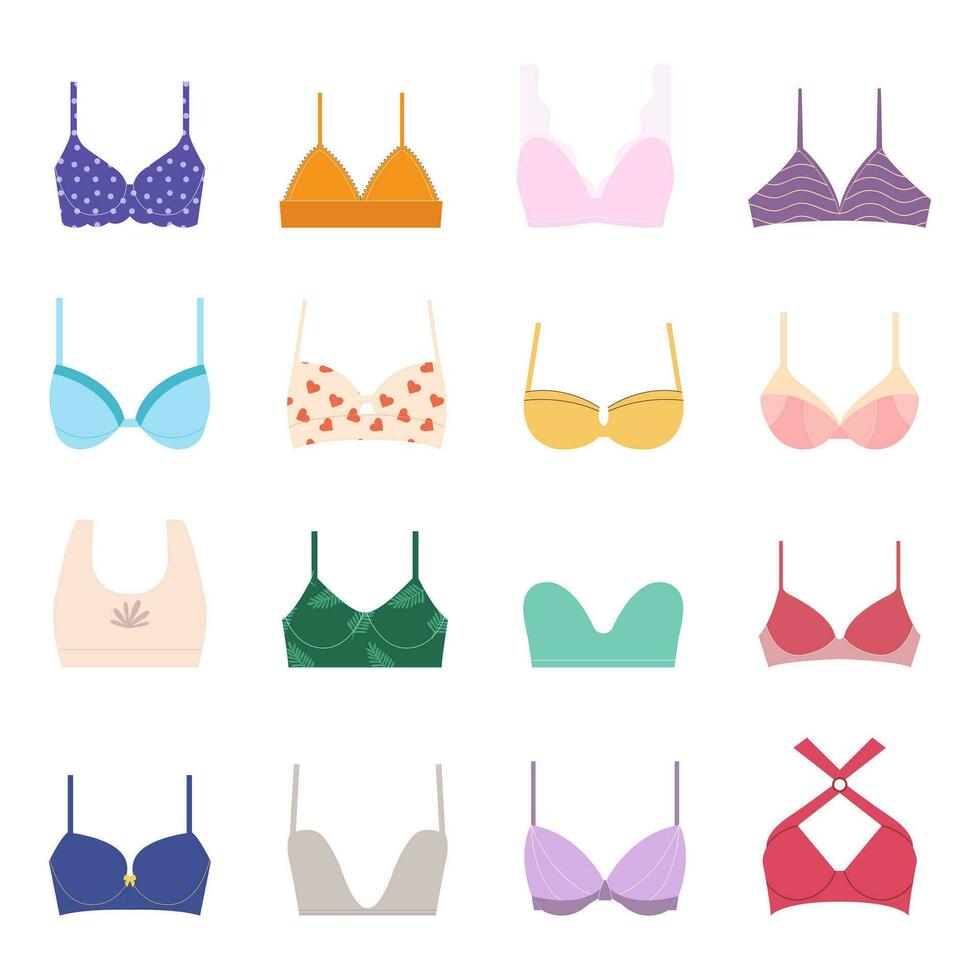 un' impostato di reggiseni nel diverso colori. biancheria intima. vettore illustrazione.