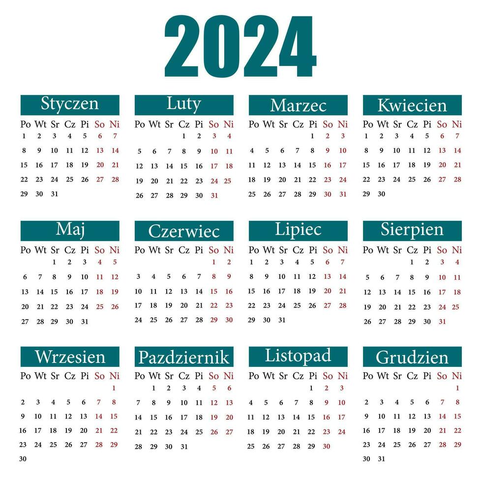 calendario nel polacco per 2024. il settimana inizia a partire dal lunedì. vettore illustrazione