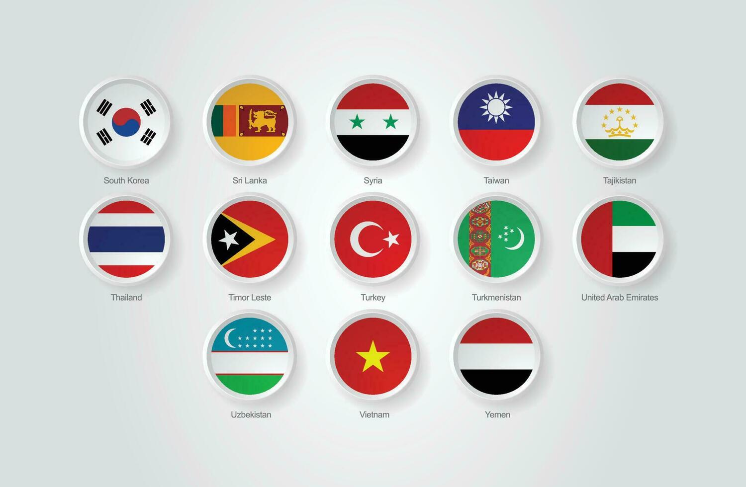 3d bandiera icone rilievo cerchio di asiatico paesi vettore